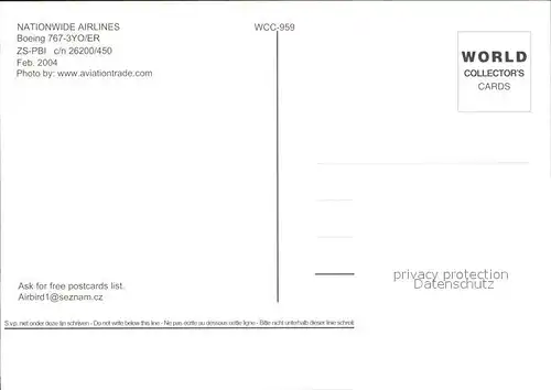 Flugzeuge Zivil Nationwide Airlines Boeing 767 3YO ER ZS PBI c n 26200 450 Kat. Flug