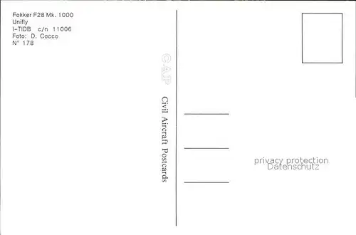 Flugzeuge Zivil Unifly Fokker F28 Mk.1000 I TIDB c n 11006 Kat. Flug