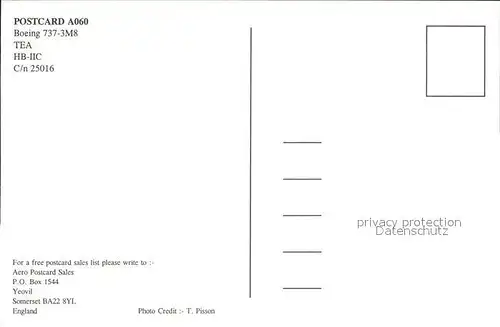 Flugzeuge Zivil TEA Boeing 737 3M8 HB IIC c n 25016 Kat. Flug