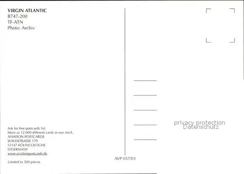 Flugzeuge Zivil Virgin Atlantic B747 200 TF ATN  Kat. Flug