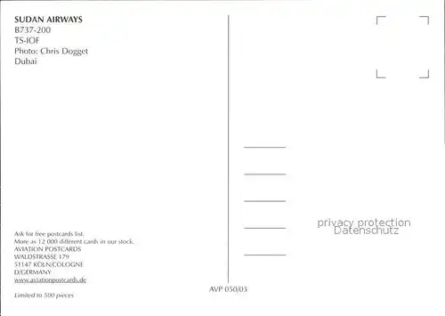 Flugzeuge Zivil Sudan Airways B737 200 TS IOF  Kat. Flug