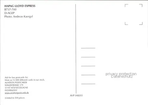 Flugzeuge Zivil Hapag Lloyd Express B737 700 D AGEP Kat. Flug
