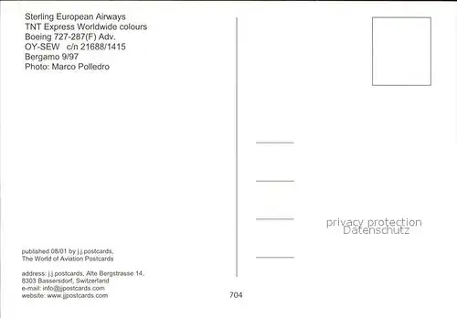 Flugzeuge Zivil Sterling European Airways TNT Express Worldwide colours Boeing 727 287 OY SEW c n 21688 1415 Kat. Flug
