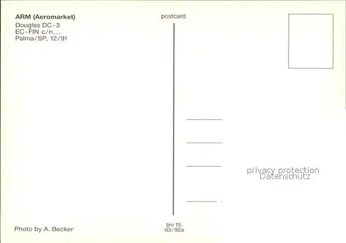 Flugzeuge Zivil ARM Aeromarket Douglas DC 3 EC FIN c n unknown  Kat. Flug