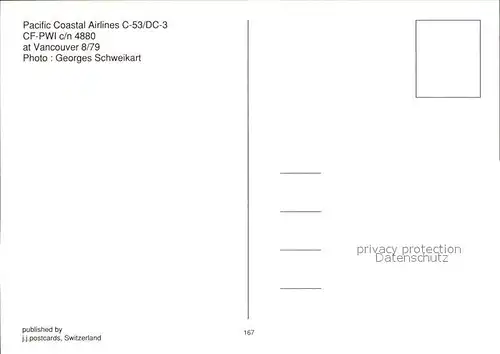 Flugzeuge Zivil Pacific Coastal Airlines C 53 DC 3 CF PWI c n 4880 Kat. Flug