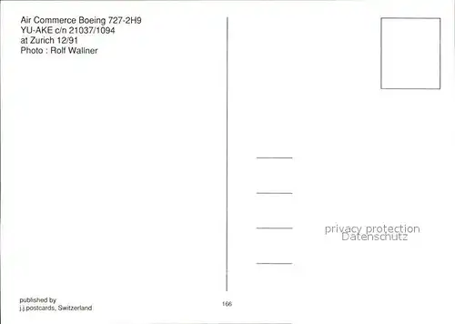 Flugzeuge Zivil Air Commerce Boeing 727 2H9 YU AKE c n 21037 1094 Kat. Flug