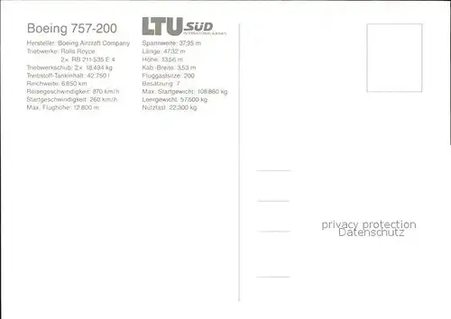 Flugzeuge Zivil LTU Sued Boeing 757 200  Kat. Flug
