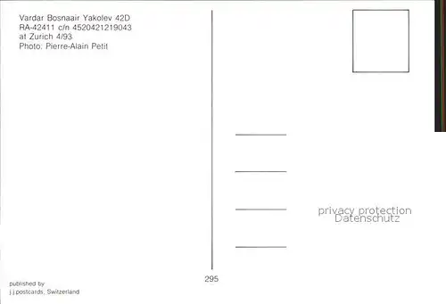 Flugzeuge Zivil Vardar Bosnaair Yakolev 42 D RA 42411 c n  Kat. Flug