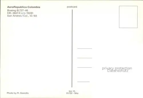 Flugzeuge Zivil Aero Republica Colombia Boeing B.727 46 HK 3841X c n 19281 Kat. Flug