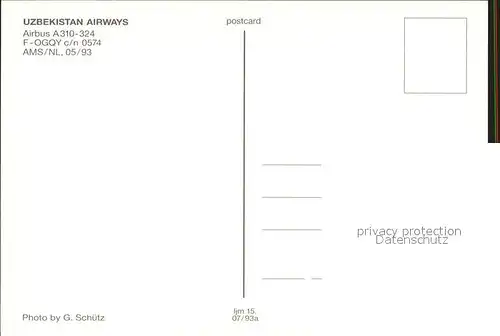 Flugzeuge Zivil Uzbekistan Airways A310 324 F OGQY c n 0574  Kat. Flug