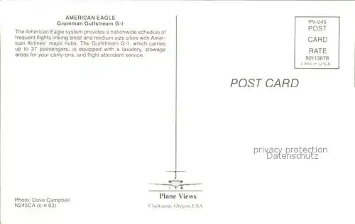 Flugzeuge Zivil American Eagle Grumman Gulfstream G 1 N245CA c n 83 Kat. Flug