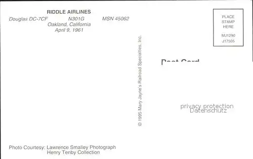 Flugzeuge Zivil Riddle Airlines Douglas DC 7CF N301G MSN 45062 Kat. Flug