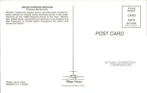 Flugzeuge Zivil United Express Westair Embraer Bandeirante N622KC c n 110338 Kat. Flug