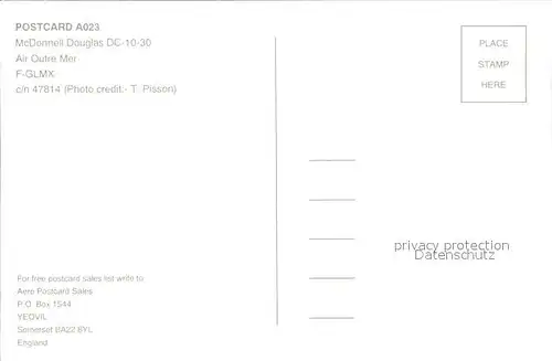 Flugzeuge Zivil McDonnell Douglas DC 10 30 Air Outre Mer F GLMX c n 47814  Kat. Flug