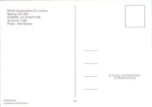 Flugzeuge Zivil British Airways Dan Air London Boeing 737 4S3 G BVNO c n 24167 1736 Kat. Flug