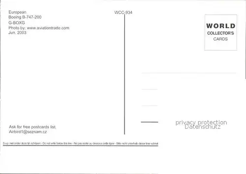 Flugzeuge Zivil European Boeing B 747 200 G BOXG  Kat. Flug