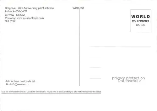 Flugzeuge Zivil Dragonair 20th Anniversary Airbus A 330 343X B HWG c n 662 Kat. Flug