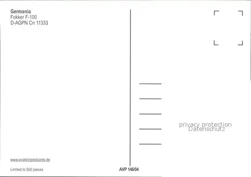 Flugzeuge Zivil Germania Fokker F 100 D AGPN Cn 11333 Kat. Flug