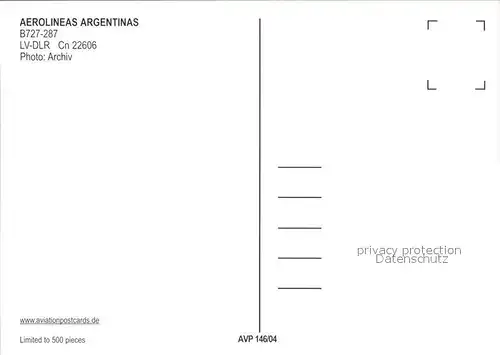 Flugzeuge Zivil Aerolineas Argentinas B727 287 LV DLR Cn 22606 Kat. Flug