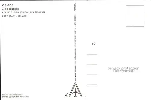 Flugzeuge Zivil Air Columbus Boeing 727 2J4 CS TKA c n 20765 984 Kat. Flug