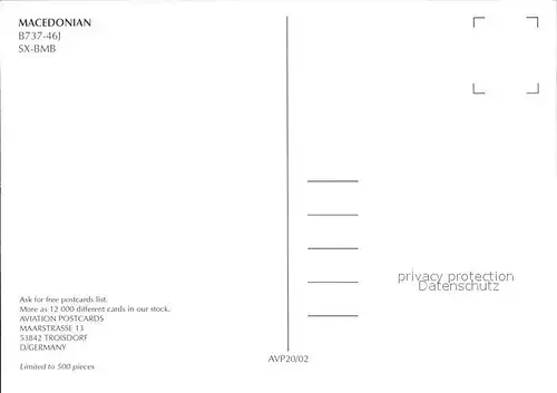 Flugzeuge Zivil Macedonian B737 46J SX BMB  Kat. Flug