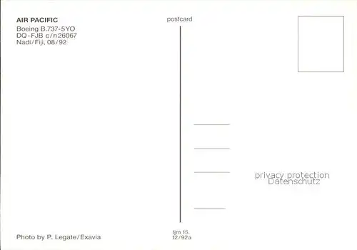 Flugzeuge Zivil Air Pacific Boeing B.737 5YO DQ FJB ca7N 26067  Kat. Flug