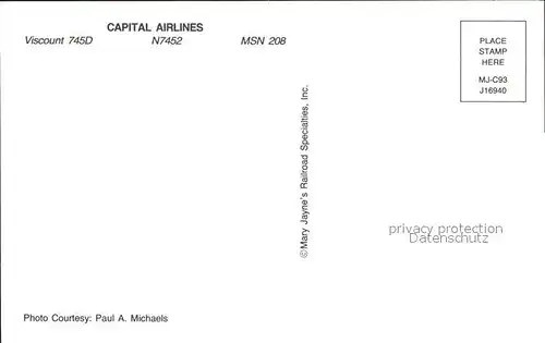 Flugzeuge Zivil Capital Airlines Viscount 745D N7452 MSN 208 Kat. Flug