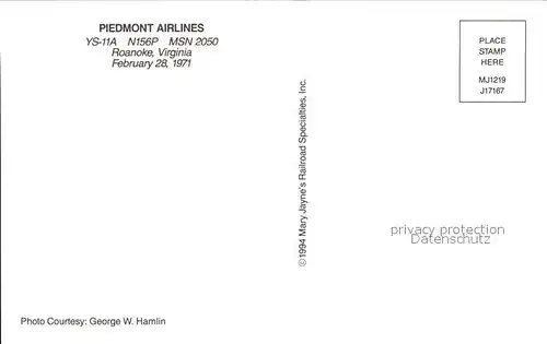 Flugzeuge Zivil Piedmont Airlines YS 11A N156P MSN 2050 Kat. Flug