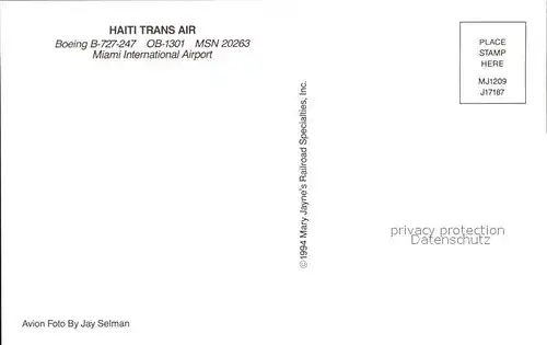 Flugzeuge Zivil Haiti Trans Air Boeing B 727 247 OB 1301 MSN 20263 Kat. Flug