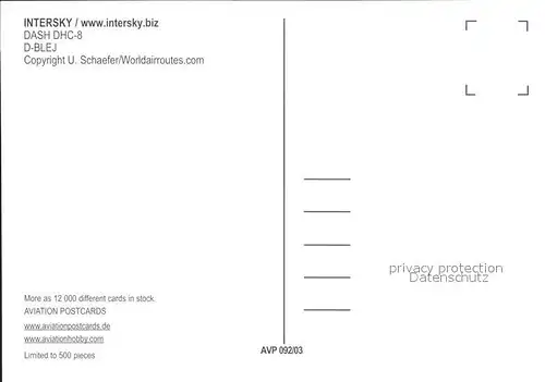 Flugzeuge Zivil Intersky Dash DHC 8 D BLEJ Kat. Flug