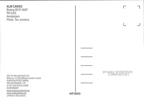 Flugzeuge Zivil KLM Cargo Boeing B747 400F PH CKA  Kat. Flug