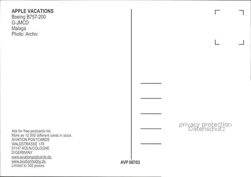 Flugzeuge Zivil Apple Vacations Boeing B757 200 G JMCD Kat. Flug