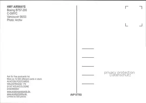 Flugzeuge Zivil HMY Airways Boeing B757 200 C GMYC Kat. Flug