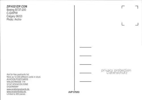 Flugzeuge Zivil ZIP 4321ZIP.COM Boeing B737 200 C GWPW Kat. Flug
