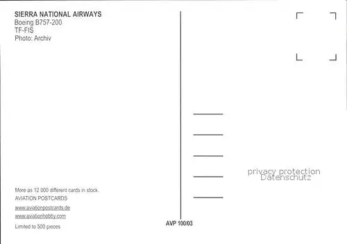 Flugzeuge Zivil Sierra National Airways Boeing B757 200 TF FIS Kat. Flug