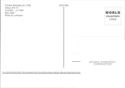 Flugzeuge Zivil Frontier Mustang Airbus 319 111 D AVWX c n 1851 Kat. Flug
