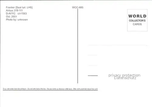 Flugzeuge Zivil Frontier Seal Airbus 319 111 D AVYC c n 1583 Kat. Flug