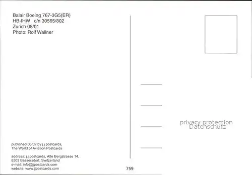 Flugzeuge Zivil Balair Boeing 767 3G5 ER HB IHW c n 30565 802 Kat. Flug