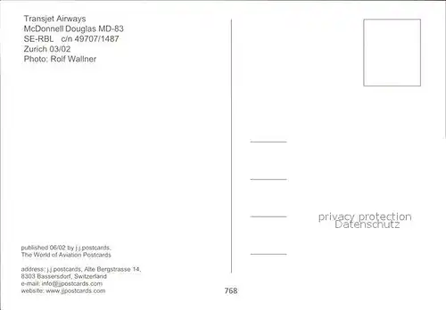 Flugzeuge Zivil Transjet Airways McDonnell Douglas MD 83 SE RBL c n 49707 1487  Kat. Flug