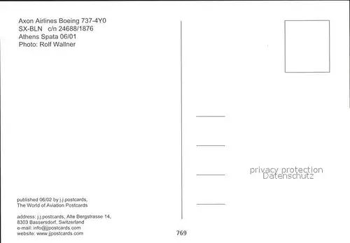 Flugzeuge Zivil Axon Airlines Boeing 737 4Y0 SX BLN c n 24688 1876 Kat. Flug