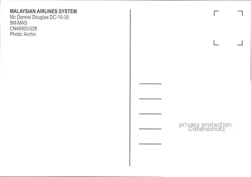 Flugzeuge Zivil Malaysian Airlines System Mc Donnell Douglas DC 10 30 9M MAS CN46955 228 Kat. Flug