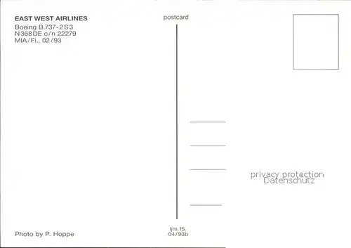 Flugzeuge Zivil East West Airlines Boeing B737 2S3 N368DE c n 22279 Kat. Flug