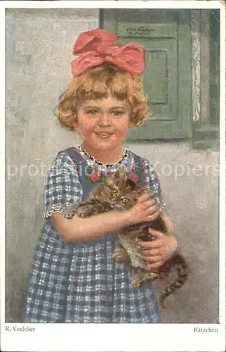 Kuenstlerkarte R. Voelcker Kaetzchen Kind  Kat. Kuenstlerkarte