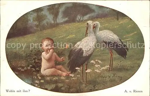 Kuenstlerkarte A. v. Riesen Wohin mit ihm Baby Storche Nr. 578 Kat. Kuenstlerkarte