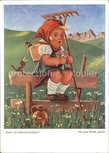 Arnulf Mundbemalung Kind Landwirtschaft Rechen Puppe Rabe Nr. 120 Kat. Kuenstlerkarte