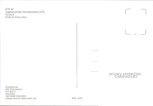 Flugzeuge Zivil Jugoslovenski Aerotransport JAT ATR 42 YU ALK Kat. Flug