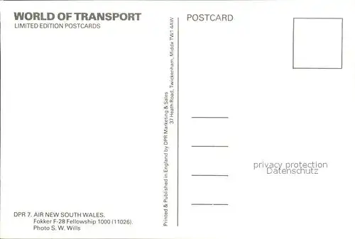 Flugzeuge Zivil Air New South Wales Fokker F 28 Fellowship 1000 11026 VH FKD Kat. Flug