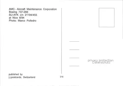 Flugzeuge Zivil AMC Aircraft Maintenance Corporation Boeing 737 266 SU AYK c n 21194 455 Kat. Flug