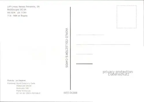 Flugzeuge Zivil LAP Lineas Aereas Petroleras SA McDDouglas DC 3A HK 1514 c n 11741 Kat. Flug