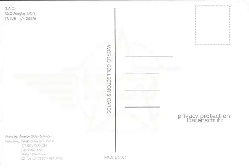 Flugzeuge Zivil NAC McDDouglas DC 3 ZS LVR c n 20475 Kat. Flug
